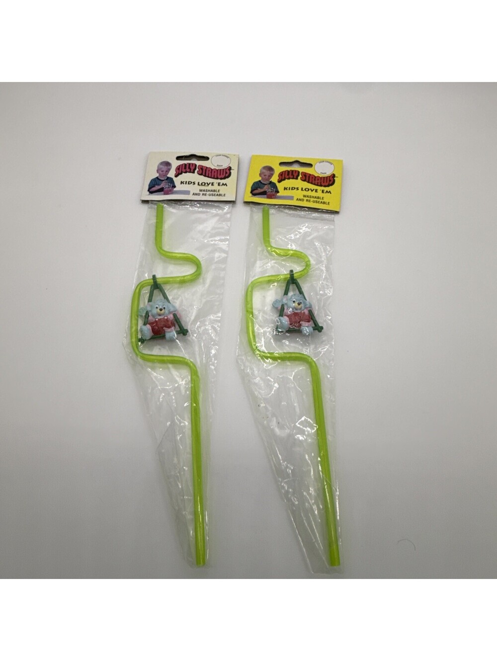 Vintage Silly Straws Lot of 2 Swinging Bear Character Reusable Green Straws NOS